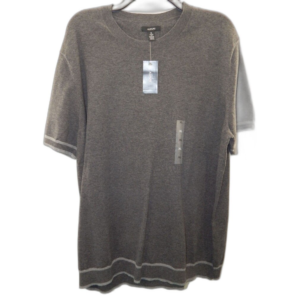 Mens Alfani XL Charcoal Gray White Stripes Short Sleeve Pullover Sweater Tee NWT